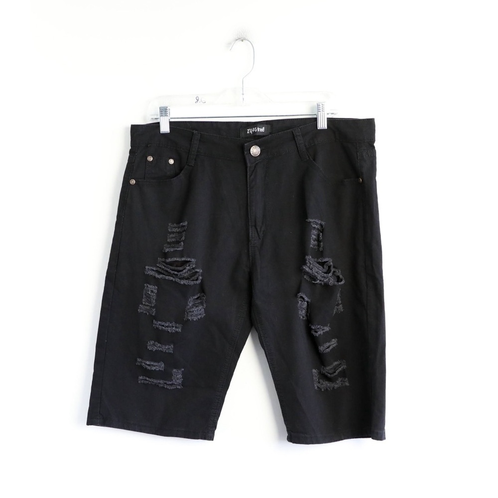 NWT men's denim jean shorts distressed cotton summer slim casual new XL W34 blac